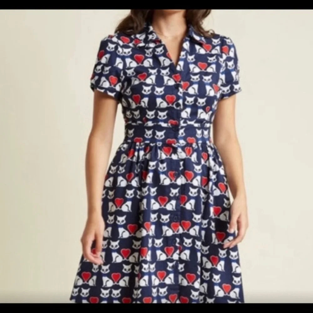 ModCloth Navy Blue Dress with White Cat and Red Heart Print